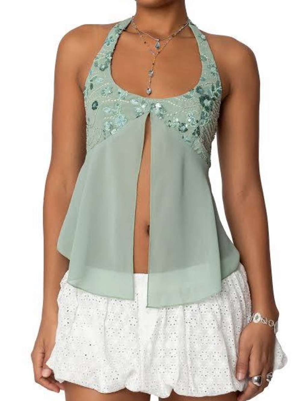 Edikted Sage Green Embellished Halter Split-Front Camisole